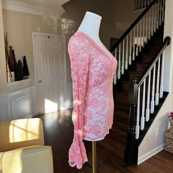 y2k pink sheer lace bell sleeve v neck top small - Picture 2 of 5